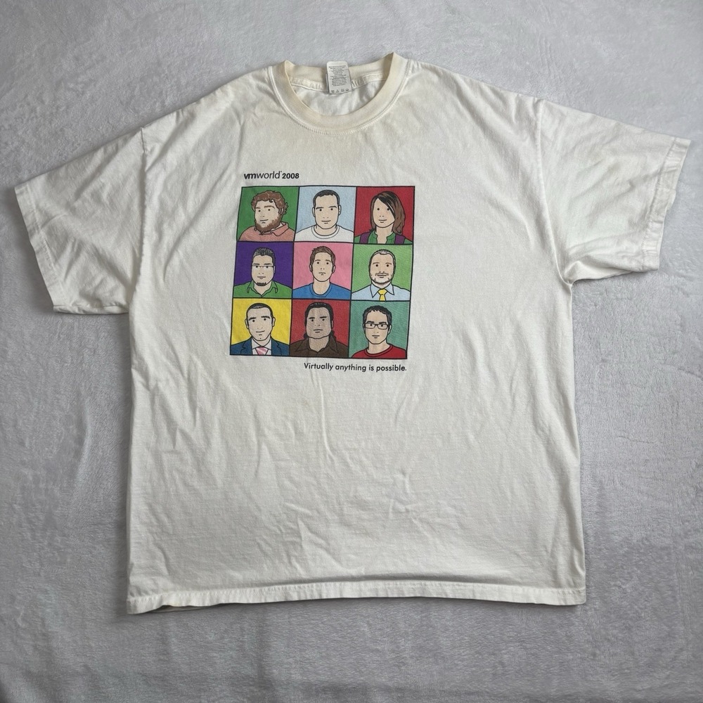 VTG Hanes Vmworld 2008 Virtual White Short Sleeve Graphic Shirt XL‎ Stains